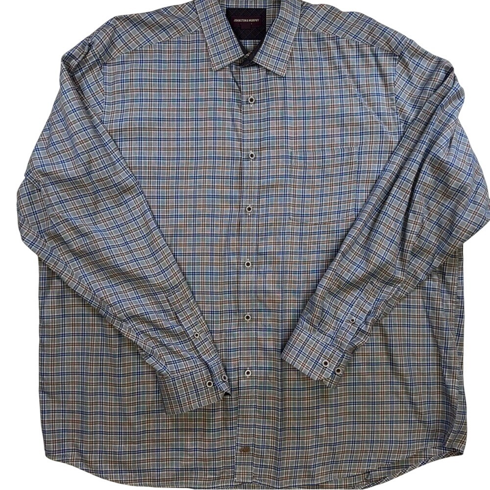 Johnston & Murphy Mens XXXL Blue Brown Plaid Long Sleeve Button Down‎ Shirt 3XL